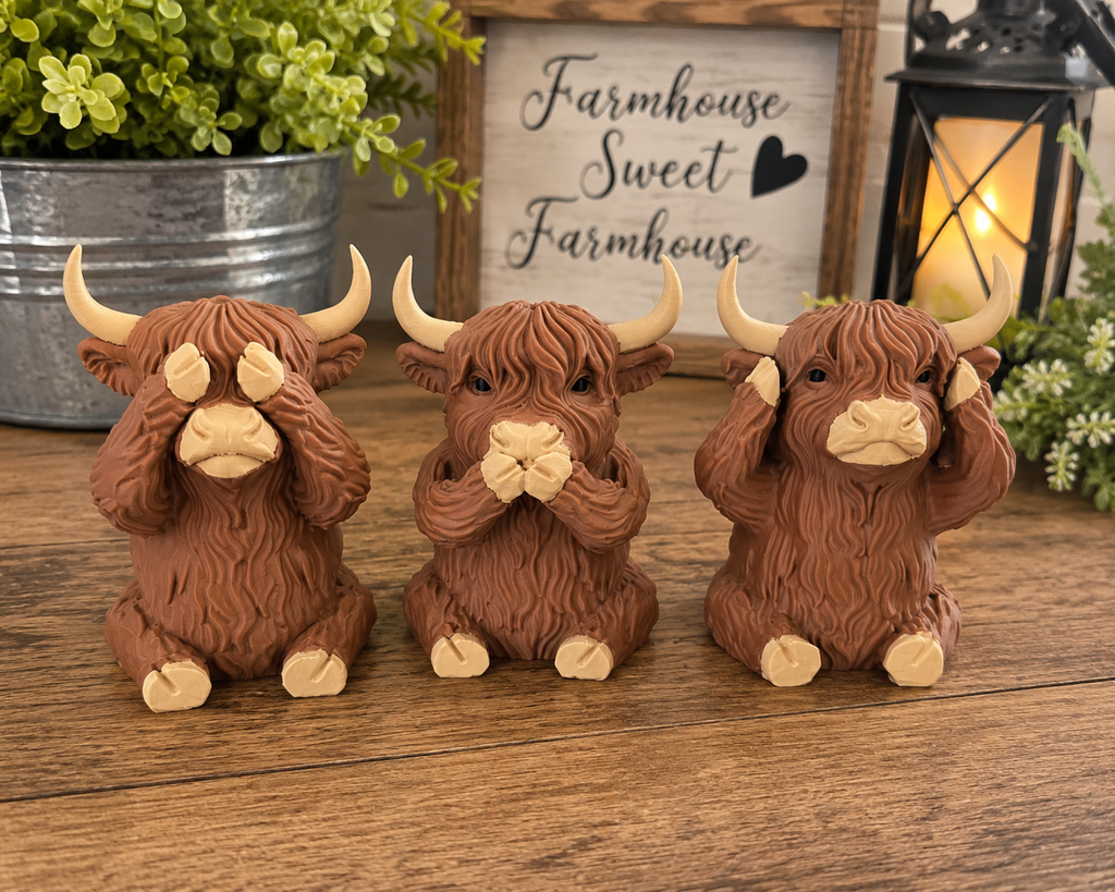 3D Printed Highland Cow "See No Evil, Hear No Evil, Speak No Evil" Set