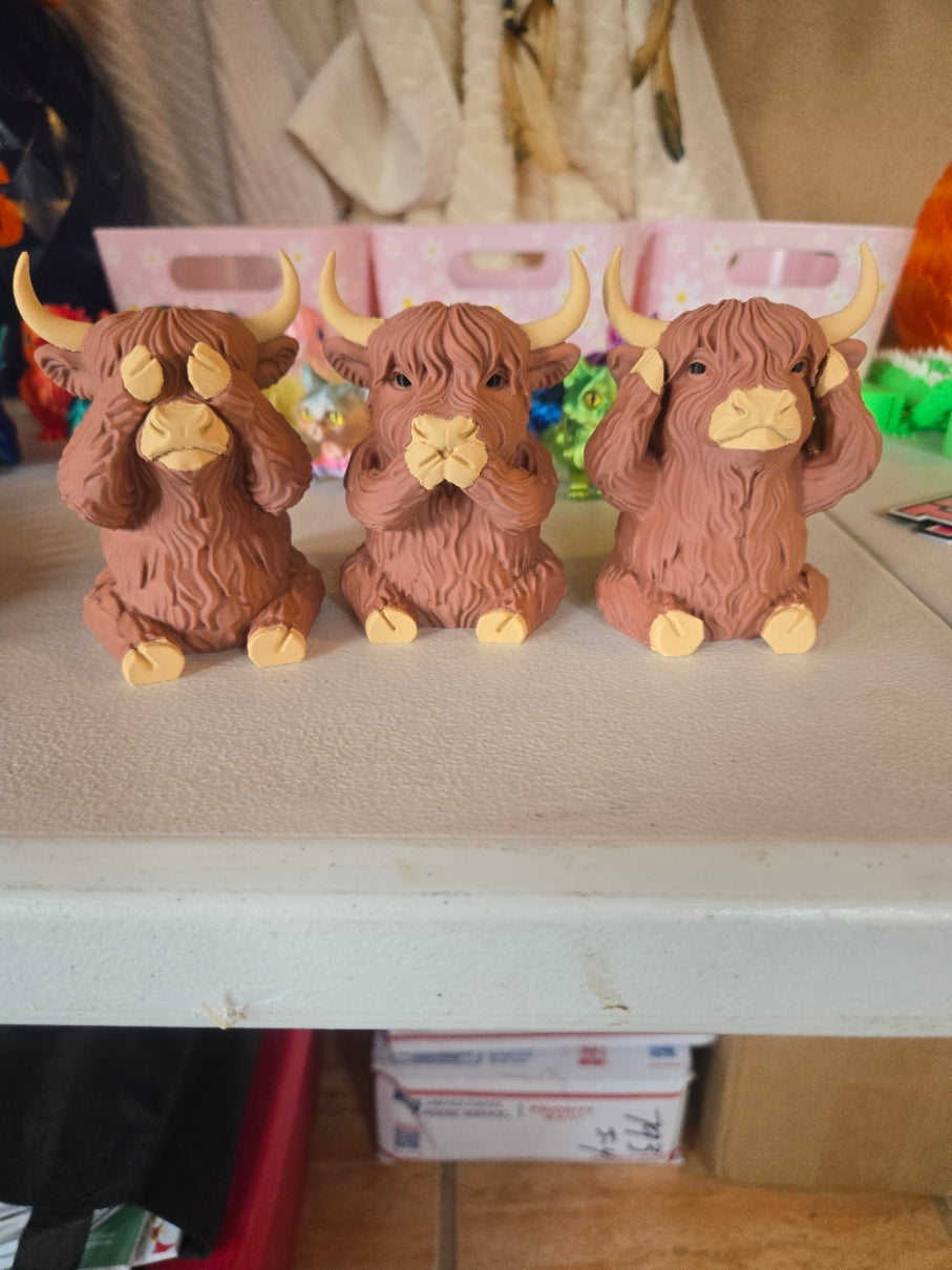 3D Printed Highland Cow "See No Evil, Hear No Evil, Speak No Evil" Set