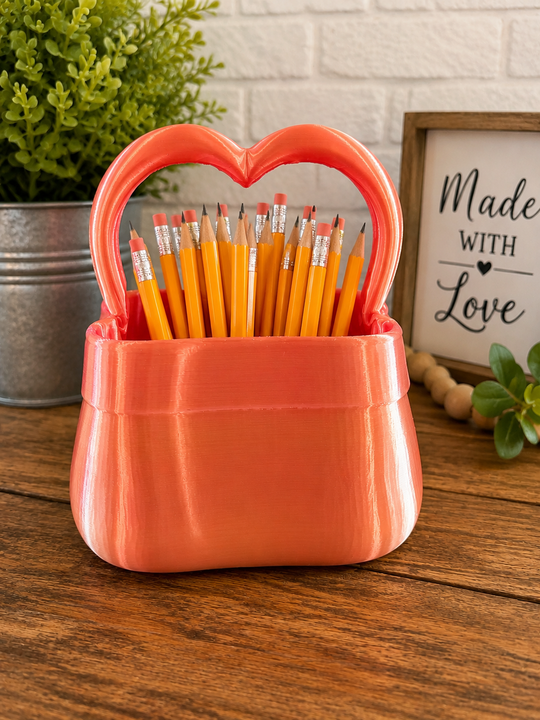 3D Printed Heart Handle Gift Basket, Pencil Holder or Makeup Brush Holder