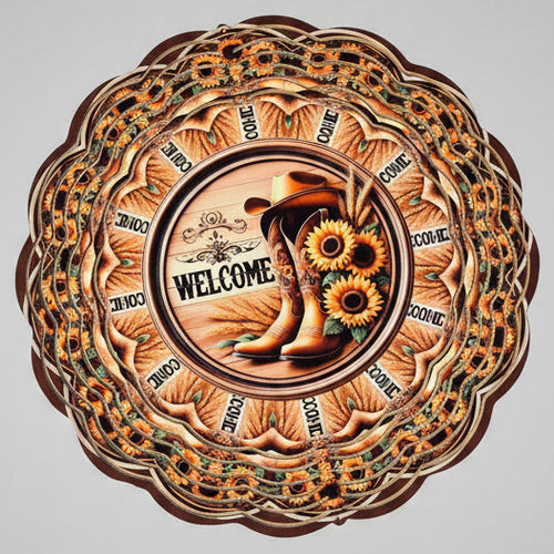 Decorative wall art with cowboy boots and sunflowers on a brown background